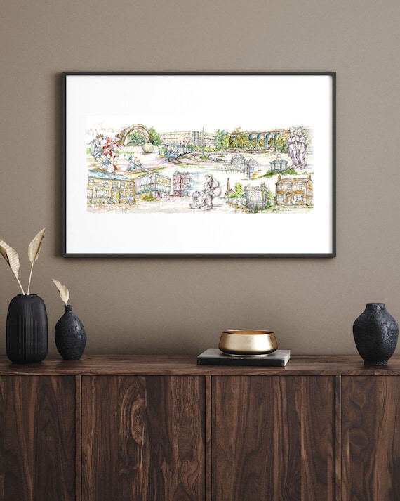 Sheffield Cityscape (No.2) Original Illustration, Historical, Landmarks, Nostalgia, White Mount, Ready to Frame Art, Yorkshire, England Gift