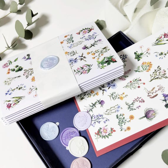 Set of 7 Wildflowers Cards with Envelopes Gift Boxed Stationery, Wax Seals, Stickers, Navy Pearlescent Box Tied with Ribbon Personalise Card