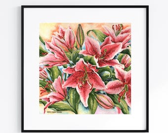 Stargazer Lilies - Original Watercolour Art Painting - Book Mounted - Unframed - Square
