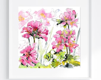 Pink Geranium - Print of the Original Pen and Watercolour Art in a Mount Ready to Frame