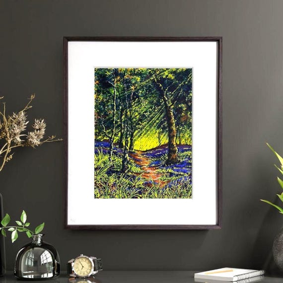 Day's End, Tomorrows Dawn - Ancient Bluebell Woodland. Original Watercolour Painting Dark Wood Frame, AR-70 Glass English Garden Wildflowers