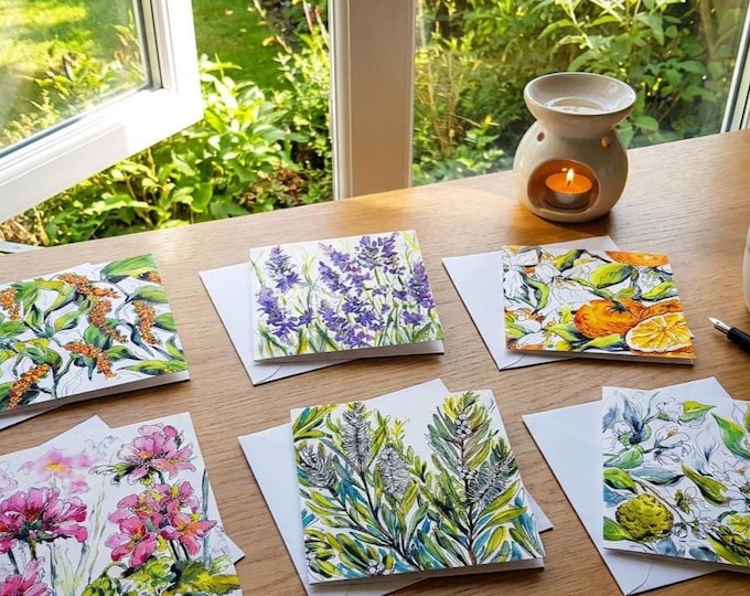 Featured listing image: Complete Set of 6 Art Cards Collection Essential Oil Series – Lavender, Bergamot, Tea Tree, Orange, Black Pepper, Geranium, Celebrate Nature