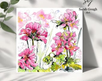 Geranium - Art Card - Watercolour and Pen Original Painting - Square - with White Envelope