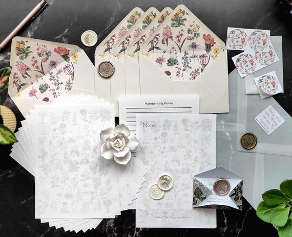 Luxury Scented Vintage Floral Stationery Set, Handmade, Writing Paper, Lined Envelopes, Watercolour Art, Wax Seals Stickers, Letter Gift Set