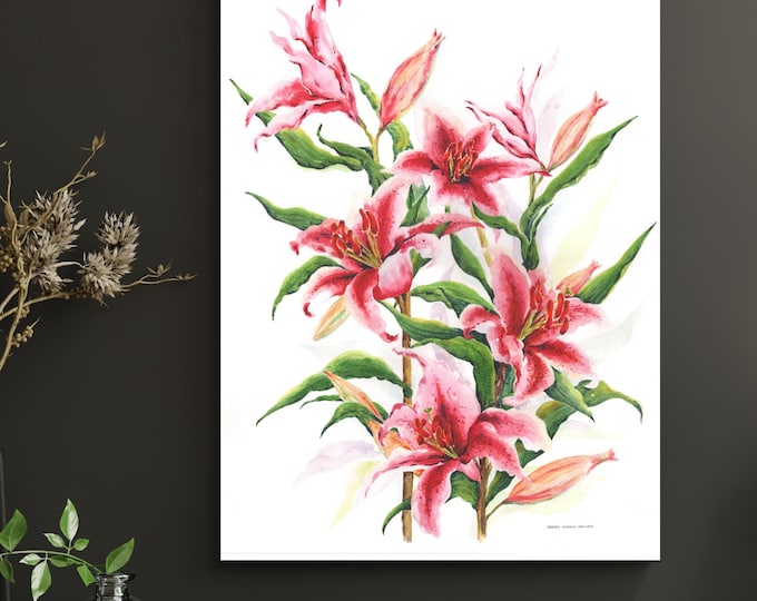 Featured listing image: Pink Stargazer Lily Fine Art Print: Floral Watercolor Portrait