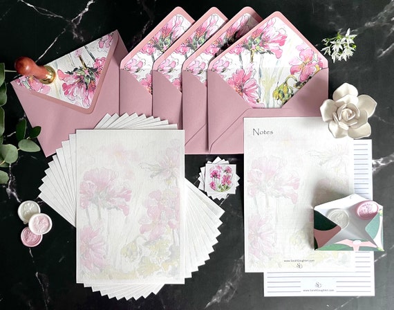 Luxury Scented Pink Geranium Design from Handpainted Art Floral Letter Writing Stationery Paper Gift Set Handcrafted Envelopes English Rose