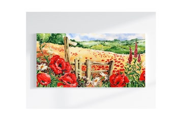 Red Poppies in Fields DL Blank Greetings Card with White Envelope from Original Water Artwork by the Artist English Countryside Gift Idea