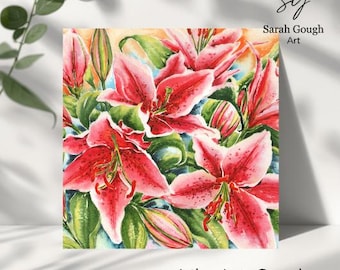 Vibrant Pink Stargazer Lilies Art Card – Botanical Series