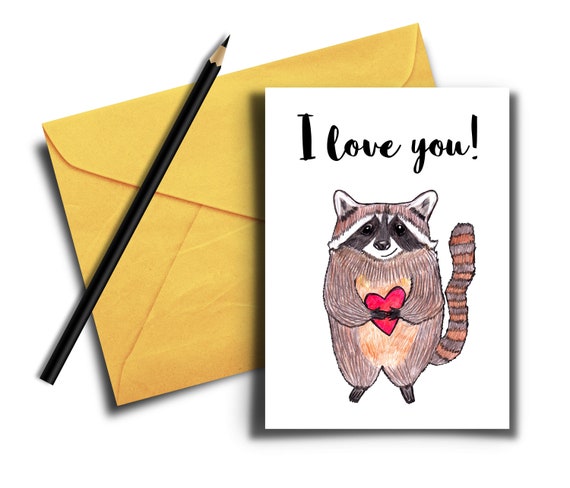 Cute Printable I Love You Raccoon Card Holding a Heart Funny | Etsy