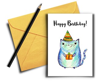 Cat Birthday Card Digital Cards Cute Cartoon with Present Funny Birthday Gift for Cat Lovers Blue Cat Printable Happy Birthday Celebration