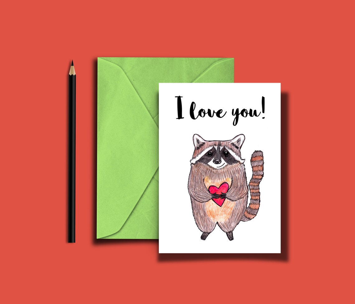 Cute Printable I Love You, Raccoon Card Holding a Heart, Funny Love ...
