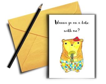 Card to Ask Someone Out – Printable “Wanna Go on a Date?” Bear with Flowers – Funny Romantic Instant Download