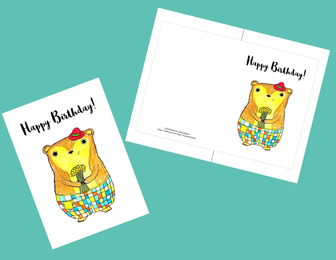Birthday Card With Cute Bear Birthday Card Printable - Etsy