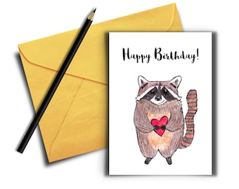 Happy Birthday Love Card with Cute Raccoon - Digital Download