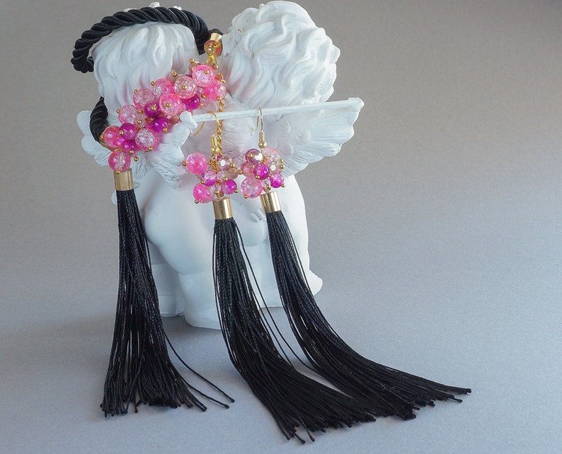 tassel pink bracelet pink earrings dangle earrings pink tassel earrings jewelry set Tassel bracelet Beaded bracelet Tassel earrings