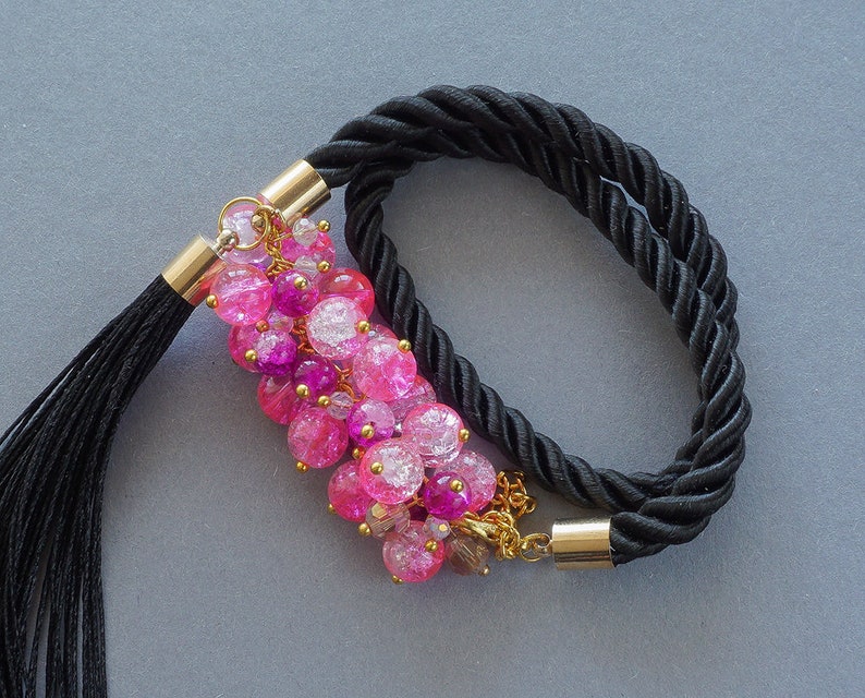tassel pink bracelet pink earrings dangle earrings pink tassel earrings jewelry set Tassel bracelet Beaded bracelet Tassel earrings