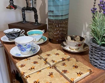 Emma Bridgewater Bumble Bee decoupage Handmade Natural Travertine Natural Stone coaster set of 4