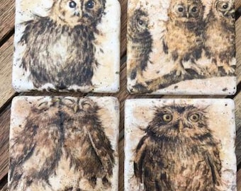 Owl coasters - Handmade Natural Travertine Natural Stone set of 4