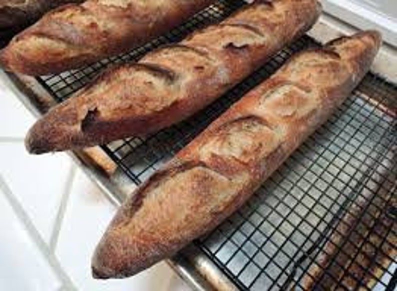K&ouml;nnte beinhalten: Drei frisch gebackene Sauerteigbaguettes auf einem Gitterrost.