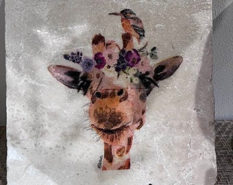 Giraffe  travertine stone decoupage pot stand- Handmade