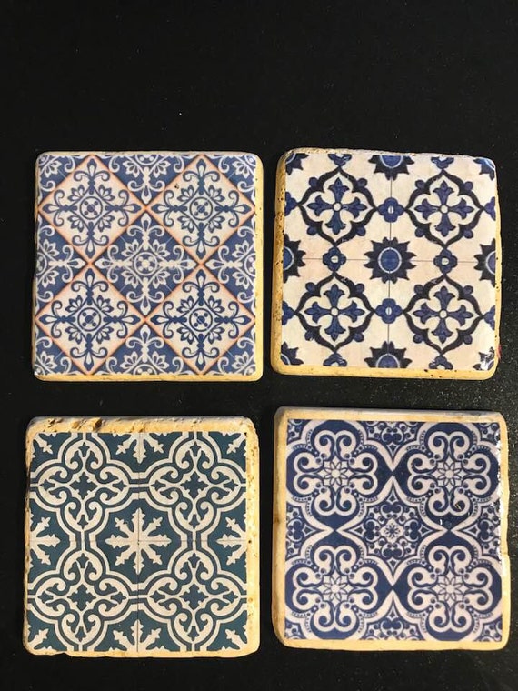 Handmade set of 4 moroccan travertine stone coasters