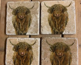 Handmade Natural Travertine Natural Stone Gallaway highland cow coasters set of 4