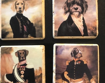 May include: Four square ceramic coasters with images of dogs dressed in historical military uniforms. The dogs are a golden retriever, a black lab, a black and white terrier, and a black and white pointer.