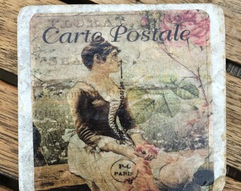 Single  shabby chic french postal travertine stone coasters- Handmade decoupage