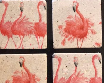 Handmade decoupage Flamingo coasters on travertine stone