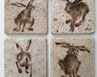 Hare coasters - Handmade Natural Travertine Natural Stone set of 4