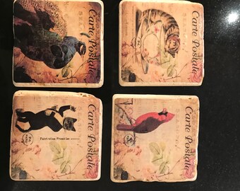 French shabby chic old postal travertine stone coaster- Handmade decoupage