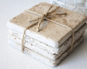 Rustic Travertine Stone Coasters - Hand Finished, Cork Backed - Set of 4