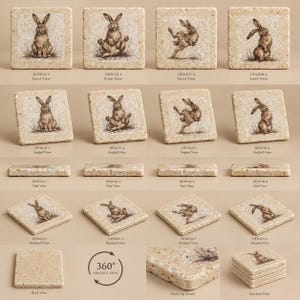 May include: A set of four square stone coasters featuring detailed illustrations of rabbits in various poses. Each coaster displays a unique brown ink drawing of a hare on a textured, beige, natural stone surface with rough, uneven edges.