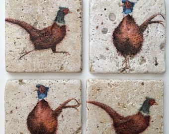 Handmade Natural Travertine Natural Stone Pheasant coasters set of 4