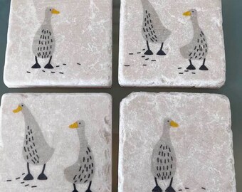 Duck coasters Handmade decoupage on travertine stone