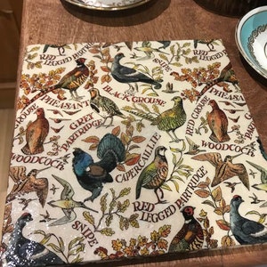 May include: Square ceramic coaster featuring illustrations of British game birds like pheasants and grouse, set against a cream background with autumn foliage. Text labels identify each bird. A decorative item.