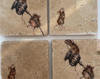 field mice coasters - Handmade Natural Travertine Natural Stone set of 4