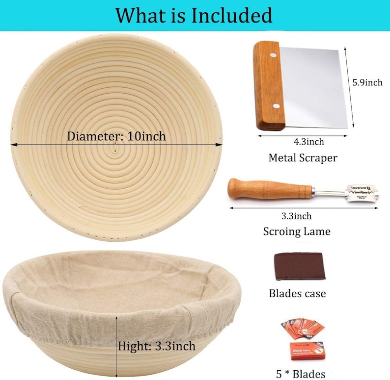 K&ouml;nnte beinhalten: Ein Set Brotbackzubeh&ouml;r, bestehend aus einem 10 Zoll gro&szlig;en runden Rattan-G&auml;rkorb, einem 5,9 Zoll gro&szlig;en Metall-Teigkratzer, einem 3,3 Zoll gro&szlig;en Einschnittmesser, einem braunen Leder-Klingenetui und f&uuml;nf Ersatzklingen.