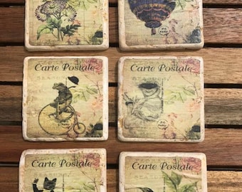 Single French Vintage shabby chic Italian Stone Travertine coasters - decoupage