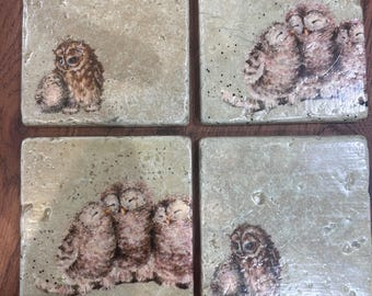 Owl coaster- Handmade Natural Travertine Natural Stone set of 4