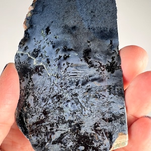 Puede incluir: Una losa de ágata dendrítica azul y negra con patrones blancos y grises. La ágata tiene un borde áspero y natural.