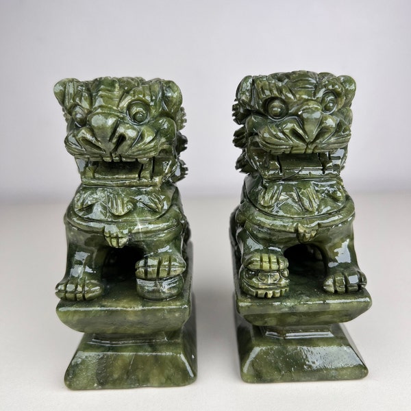 Pair of Natural Green Jade Foo Dogs lion,  Feng Shui Guardian Jade Foo Dogs