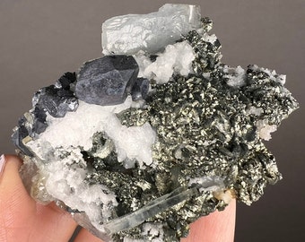 Blue Barite Crystal Specimen, Galena, Quartz on Pyrite