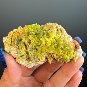 Puede incluir: Un trozo de mineral natural en bruto con una base beige rugosa y grupos de cristales verde lima brillante. El mineral se sostiene en una mano con esmalte de uñas azul y un anillo de oro.