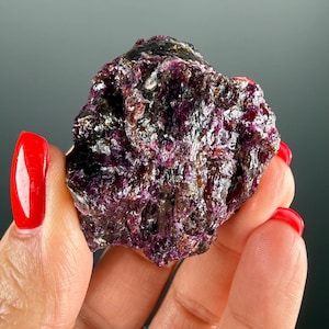 Könnte beinhalten: Ein rohes, natürliches Mineralexemplar in tiefvioletter Farbe, gehalten in einer Hand. Der Stein hat eine strukturierte Oberfläche mit dunklen und hellen Bereichen, die auf kristalline Formationen hindeuten.