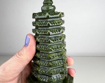 Green Jade Pagoda Statue: Handcarved Asian Art, 9 Levels