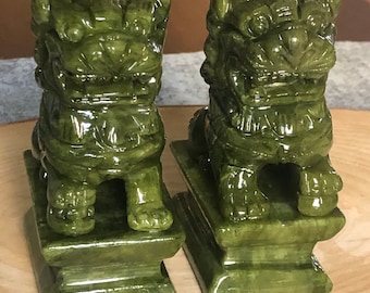 Green Jade Fu Dog (Foo Dog) Guardian Gemstone Huge Carving Sculpture