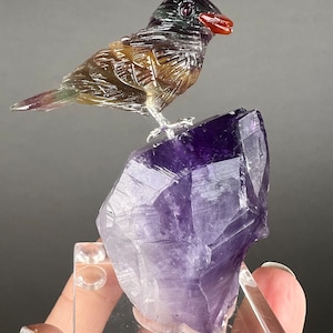New! Handmade Fluorite Crystal  Bird Carving on Amethyst Crystal,Gemstone Bird Sculpture