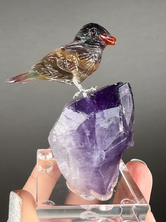 New Handmade Flourite Crystal Bird Carving on Amethyst Crystal,gemstone  Bird Sculpture 