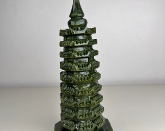 Feng Shui Pagoda Statue! Green Jade 9 Level Pagoda Carving, Jade Pagoda Carving